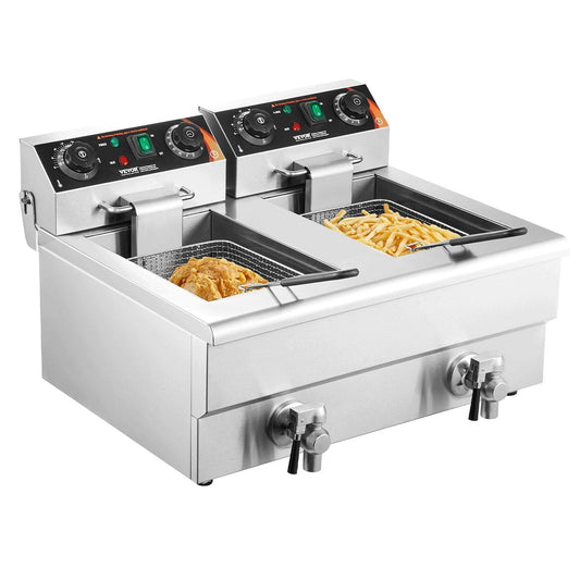 Commercial Electric Deep Fryer Countertop Deep Fryer with Dual Tanks 3000W